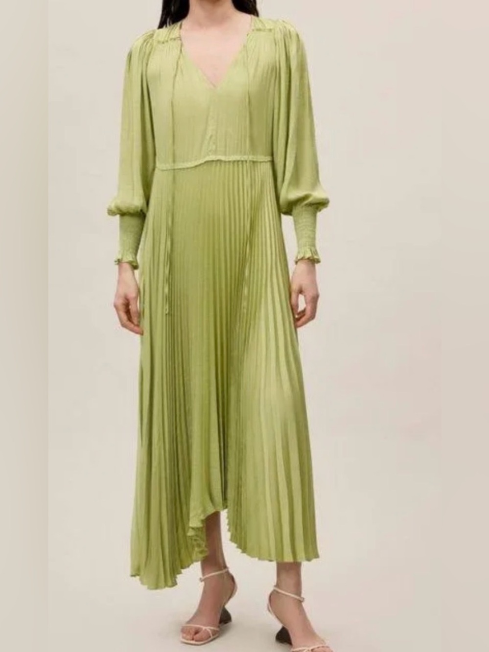Rebecca Taylor Light Green Pleated V-Neck Maxi Dress